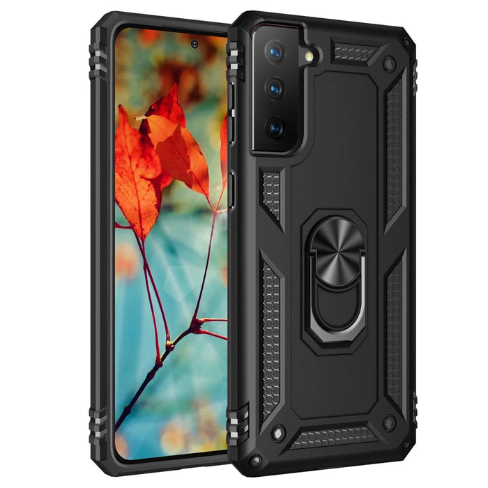 Hybrid PC + TPU Anti-drop Phone Shell with Ring Kickstand for Samsung Galaxy S21 4G/5G - Black - 1