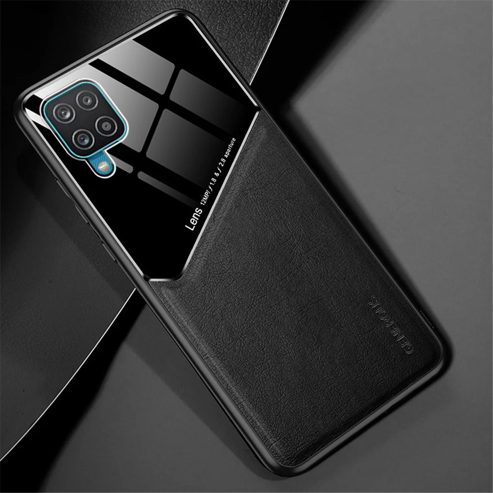 Leather Coated PC + TPU + Glass Splicing Design Case for Samsung Galaxy A12 - Black - 2