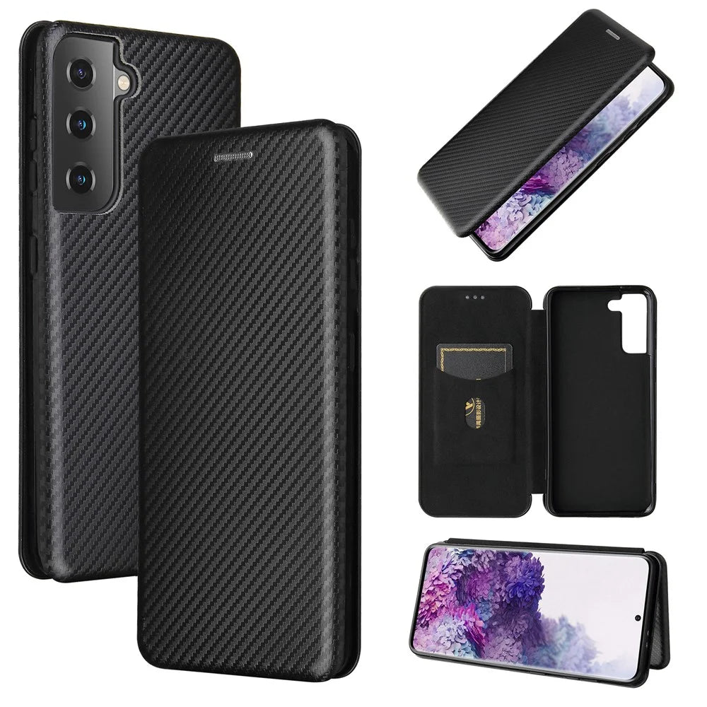 For Samsung Galaxy S21 4G/5G Carbon Fiber Auto-absorbed Leather Shell with Card Holder - Black - 1
