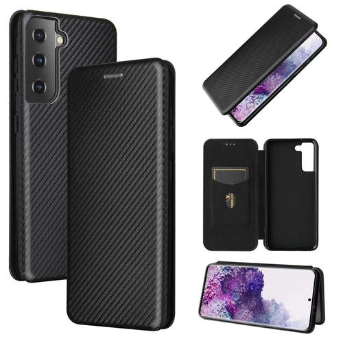 For Samsung Galaxy S21 4G/5G Carbon Fiber Auto-absorbed Leather Shell with Card Holder - Black - 1