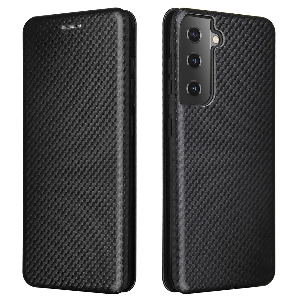 For Samsung Galaxy S21 4G/5G Carbon Fiber Auto-absorbed Leather Shell with Card Holder - Black - 2