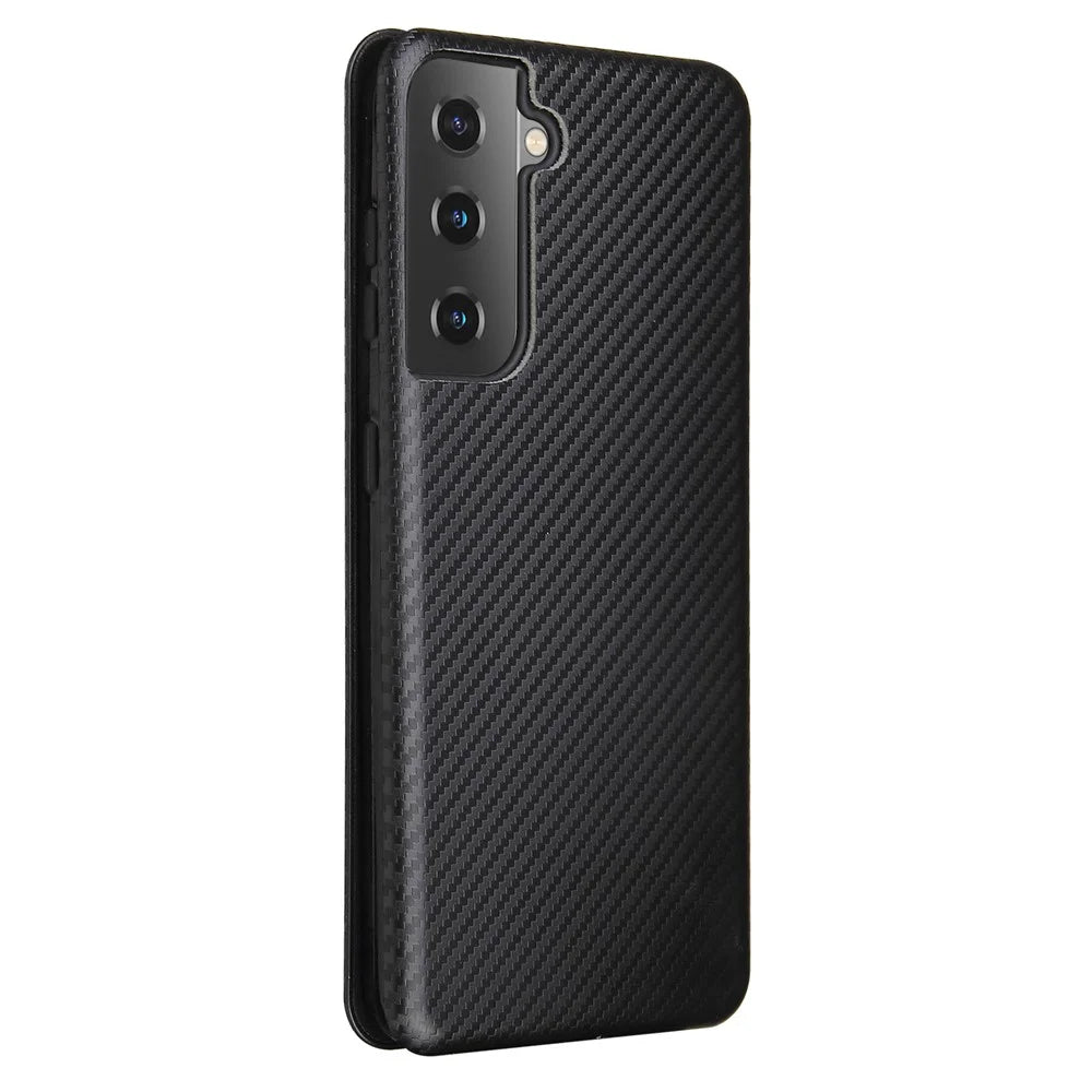 For Samsung Galaxy S21 4G/5G Carbon Fiber Auto-absorbed Leather Shell with Card Holder - Black - 4