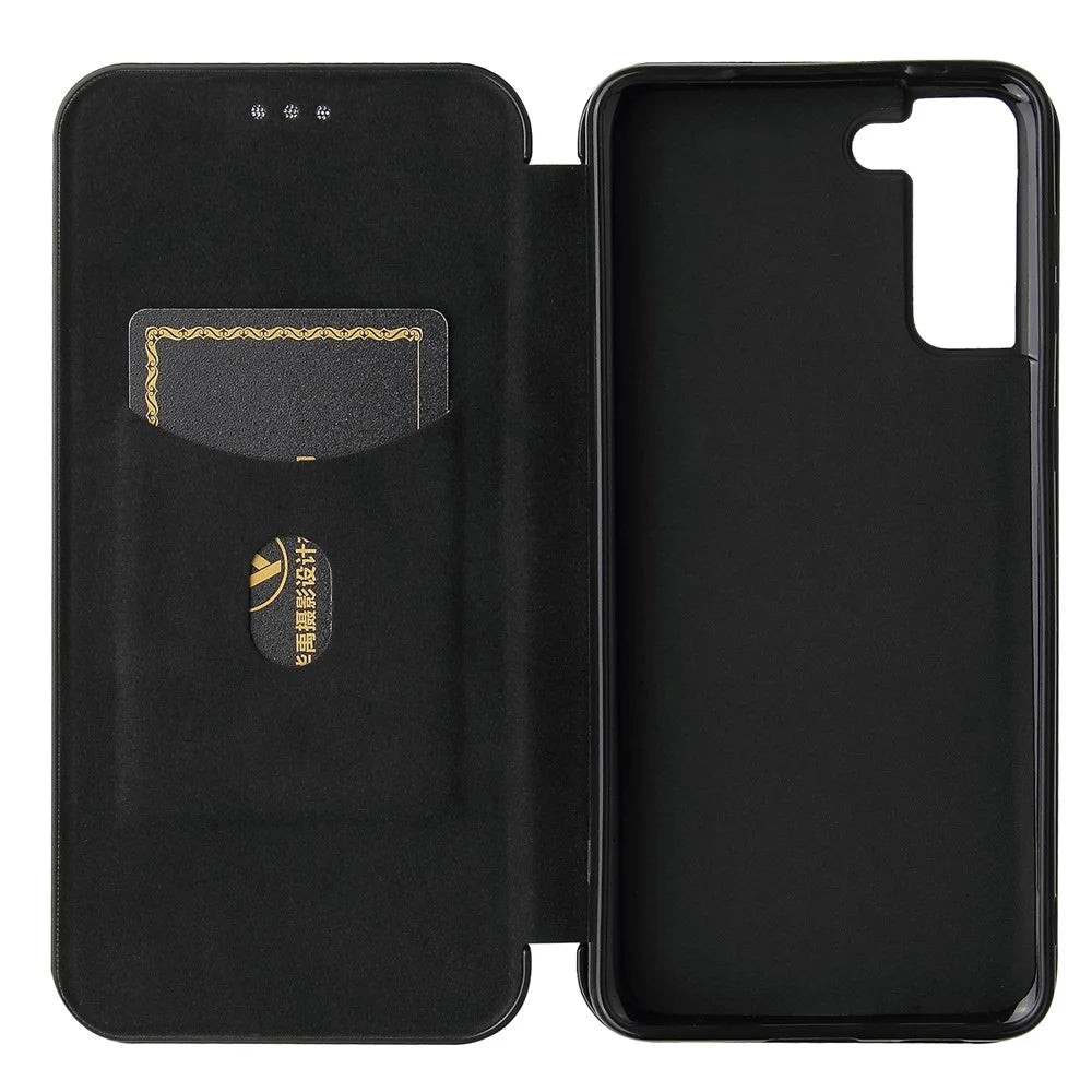 For Samsung Galaxy S21 4G/5G Carbon Fiber Auto-absorbed Leather Shell with Card Holder - Black - 6