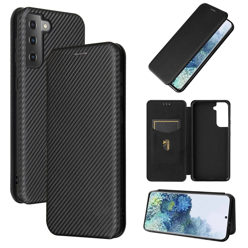 For Samsung Galaxy S21+ Leather Shell Carbon Fiber Auto-absorbed Card Holder Case - Black - 1