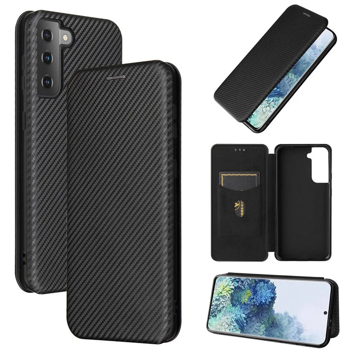 For Samsung Galaxy S21+ Leather Shell Carbon Fiber Auto-absorbed Card Holder Case - Black - 1