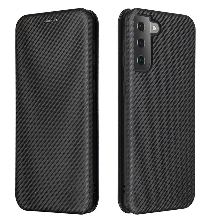 For Samsung Galaxy S21+ Leather Shell Carbon Fiber Auto-absorbed Card Holder Case - Black - 2