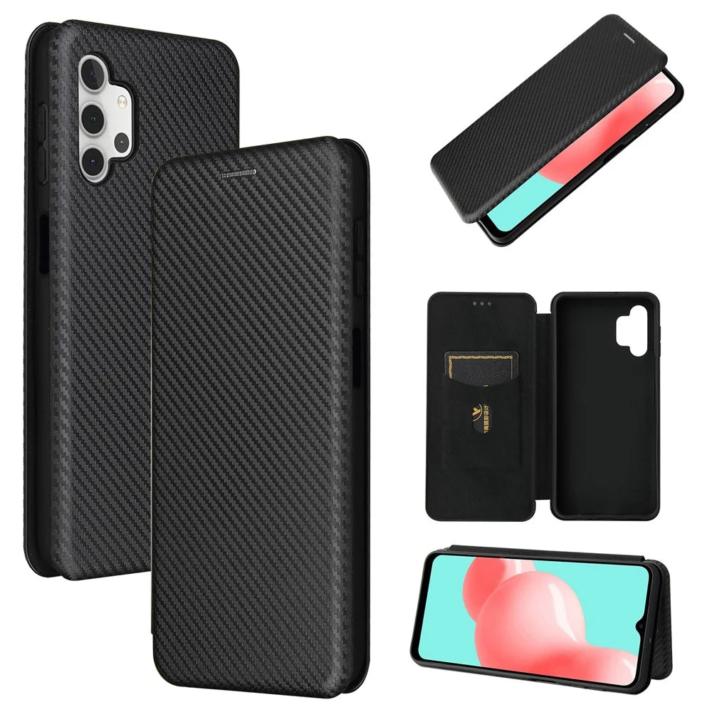 Carbon Fiber Leather Auto-absorbed Case with Card Holder for Samsung Galaxy A32 5G / M32 5G - Black - 1