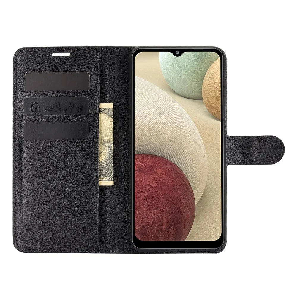 Wallet Stand Litchi Texture Phone Protective Shell for Samsung Galaxy A12 / M12 Multi-Color Surface Cell Phone Accessory - Black - 3