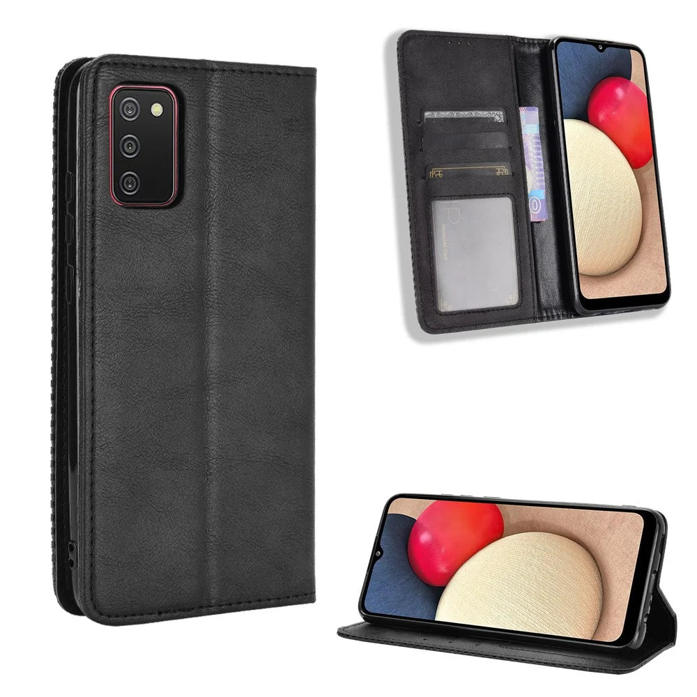 Vintage Style Magnetic Clasp Leather Cover with Stand for Samsung Galaxy A02s (166.5mm) - Black - 1