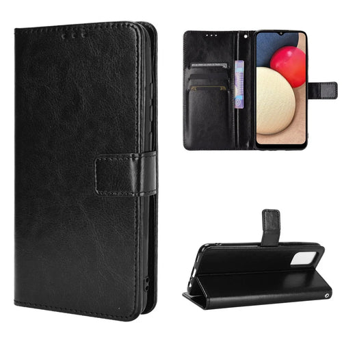 Crazy Horse Texture Wallet Stand Leather Phone Case for Samsung Galaxy A02s (166.5mm) - Black - 1