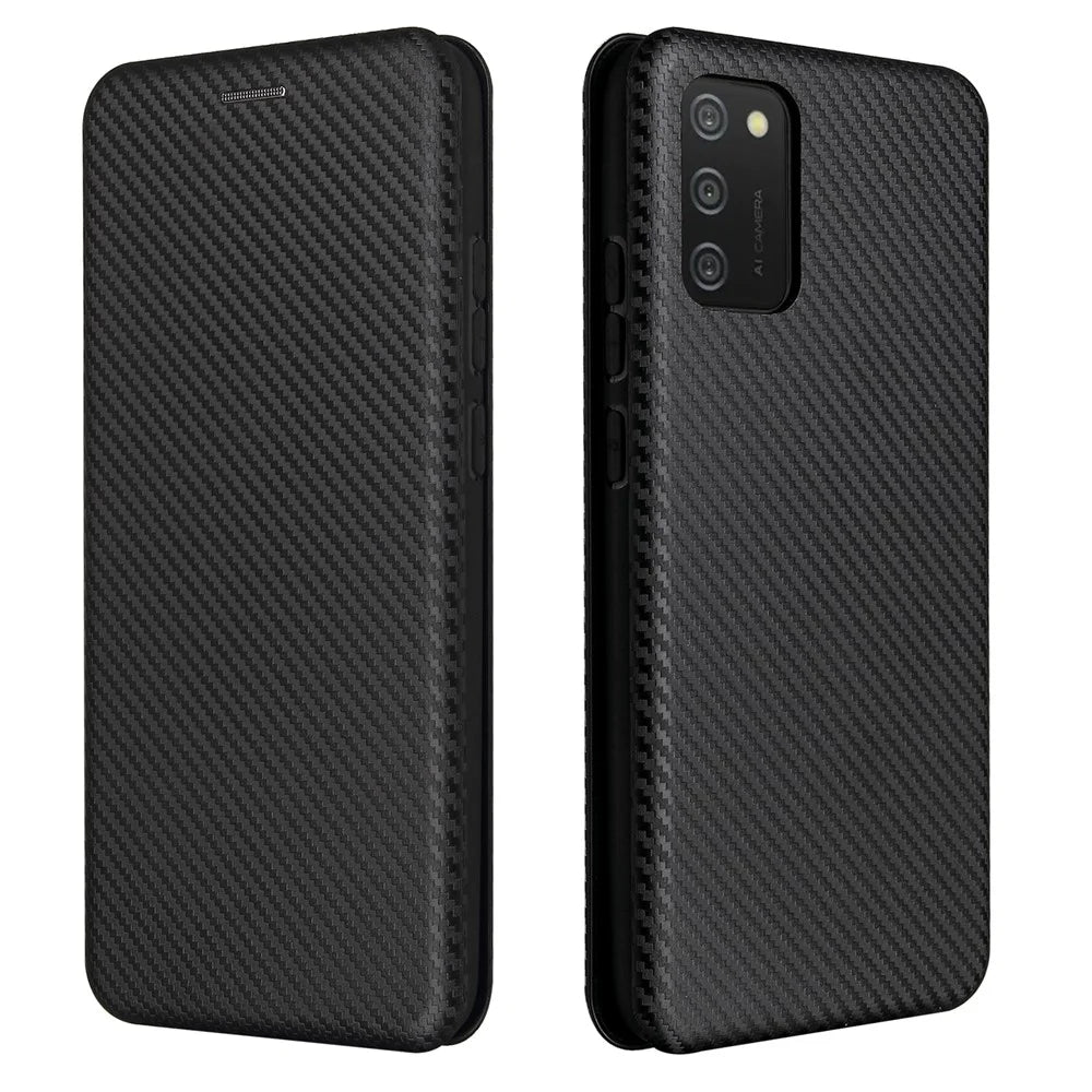 Carbon Fiber Texture Leather Case Auto-absorbed Stand Cover for Samsung Galaxy A02s (166.5mm) - Black - 1
