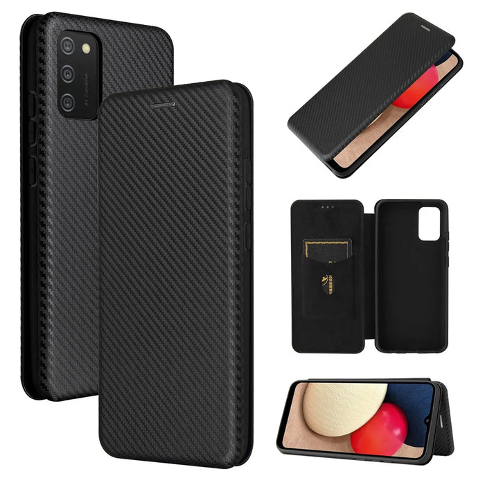 Carbon Fiber Texture Leather Case Auto-absorbed Stand Cover for Samsung Galaxy A02s (166.5mm) - Black - 3