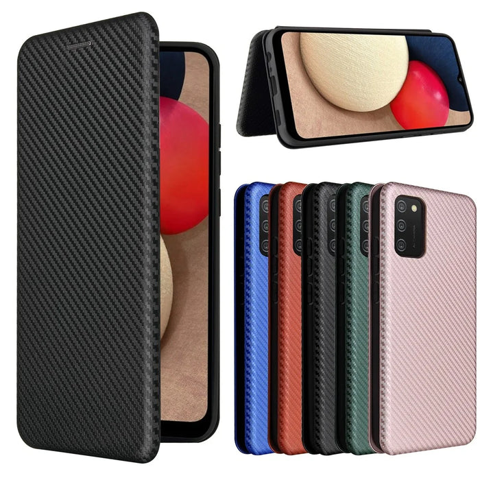 Carbon Fiber Texture Leather Case Auto-absorbed Stand Cover for Samsung Galaxy A02s (166.5mm) - Black - 4