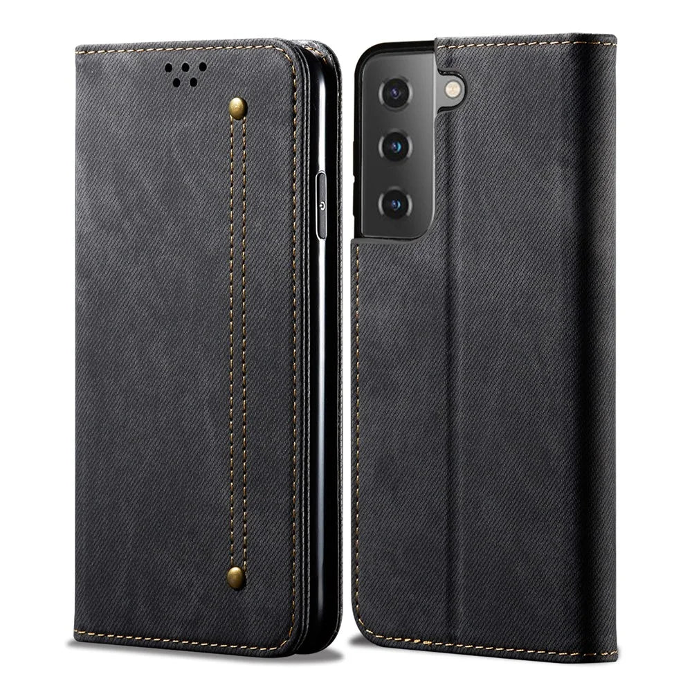 Vintage Style for Samsung Galaxy S21 4G/5G Jeans Cloth Texture Wallet Stand Leather Phone Cover - Black - 2