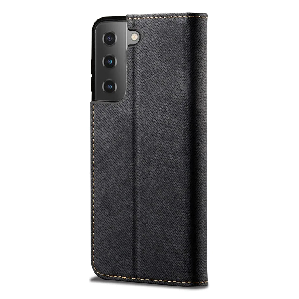 Vintage Style for Samsung Galaxy S21 4G/5G Jeans Cloth Texture Wallet Stand Leather Phone Cover - Black - 4