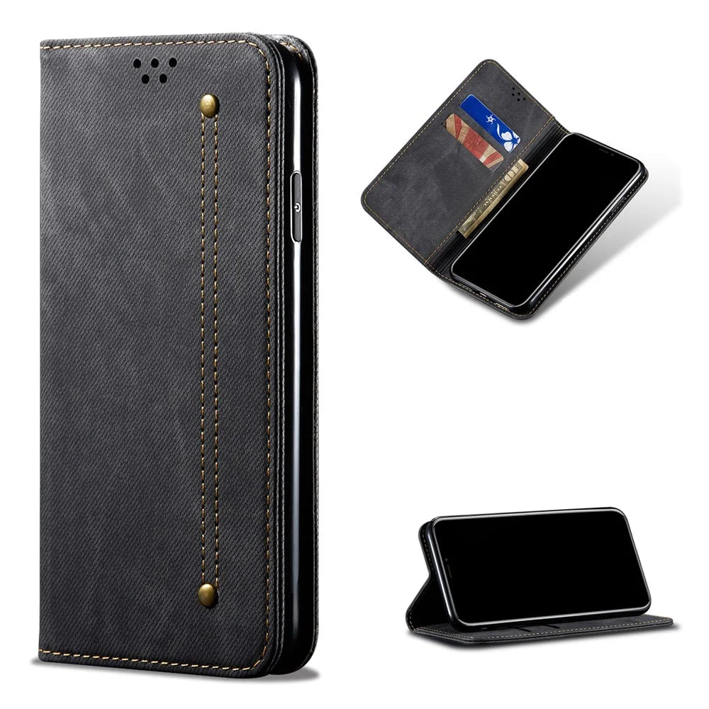 Jeans Cloth Texture Leather Case for Samsung Galaxy S21 Ultra 5G Wallet Stand Phone Cover - Black - 1