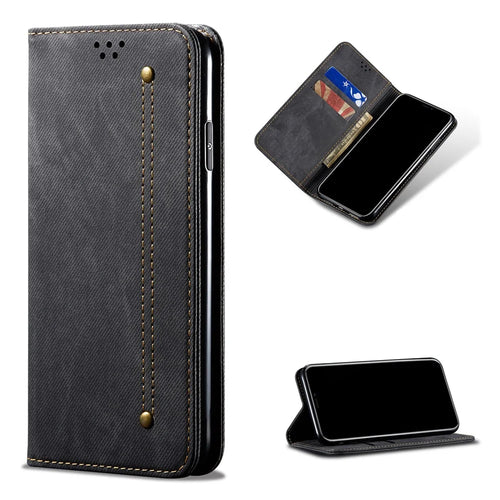 Jeans Cloth Texture Leather Case for Samsung Galaxy S21 Ultra 5G Wallet Stand Phone Cover - Black - 1