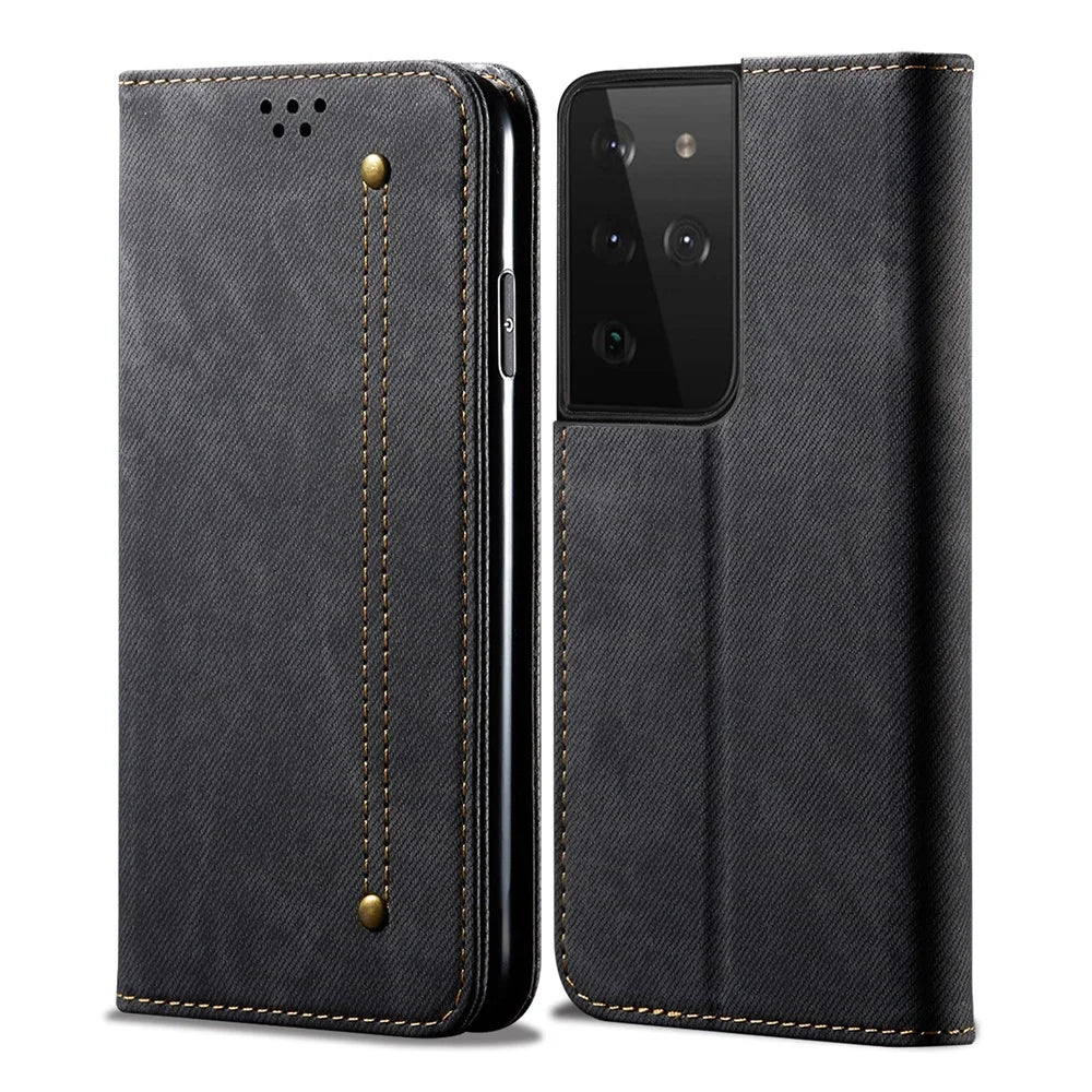 Jeans Cloth Texture Leather Case for Samsung Galaxy S21 Ultra 5G Wallet Stand Phone Cover - Black - 2
