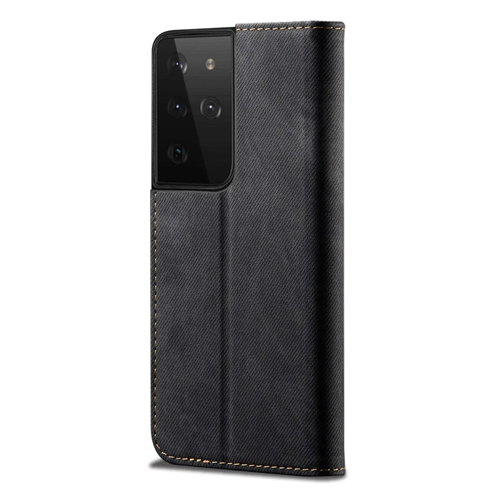 Jeans Cloth Texture Leather Case for Samsung Galaxy S21 Ultra 5G Wallet Stand Phone Cover - Black - 4