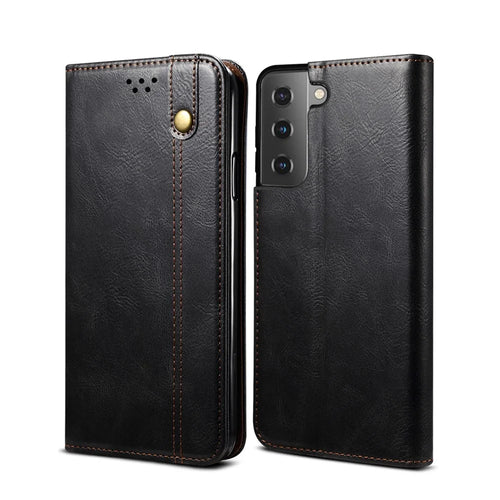 Waxy Crazy Horse Texture TPU + PU Leather Case Cover for Samsung Galaxy S21 4G/5G - Black - 1