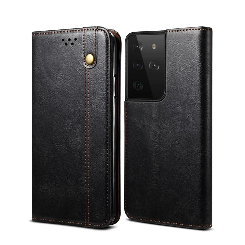 Waxy Crazy Horse Texture TPU + PU Leather Case Cover for Samsung Galaxy S21 Ultra 5G - Black - 1