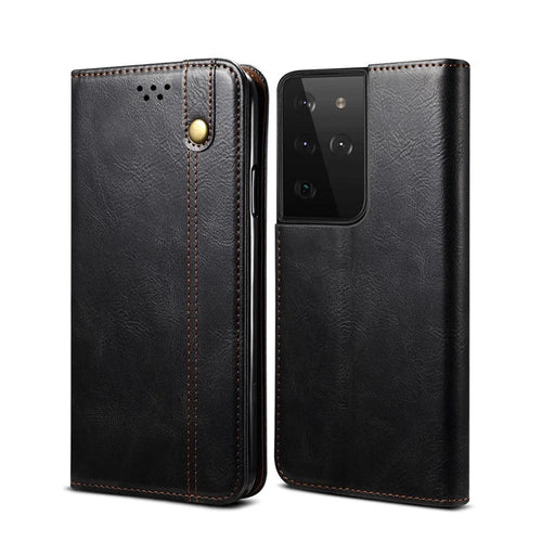 Waxy Crazy Horse Texture TPU + PU Leather Case Cover for Samsung Galaxy S21 Ultra 5G - Black - 1