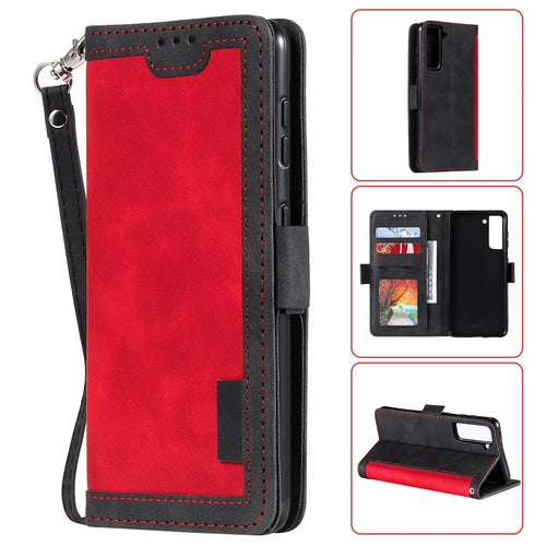 Retro Style Splicing Leather Cover for Samsung Galaxy S21 4G/5G Wallet Case - Red - 1