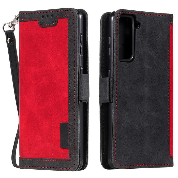 Retro Style Splicing Leather Cover for Samsung Galaxy S21 4G/5G Wallet Case - Red - 2