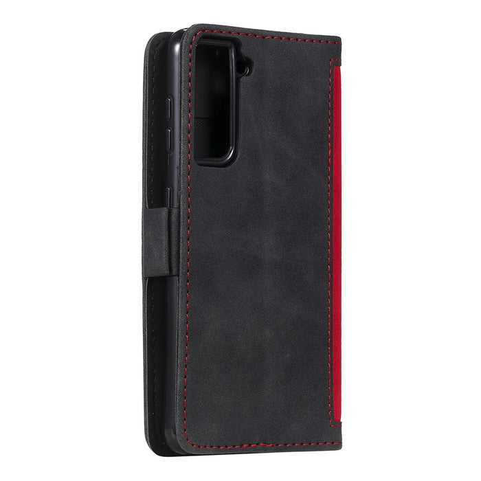 Retro Style Splicing Leather Cover for Samsung Galaxy S21 4G/5G Wallet Case - Red - 5