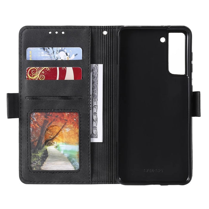 Retro Style Splicing Leather Cover for Samsung Galaxy S21 4G/5G Wallet Case - Red - 6