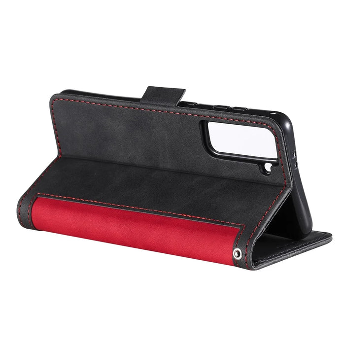Retro Style Splicing Leather Cover for Samsung Galaxy S21 4G/5G Wallet Case - Red - 7