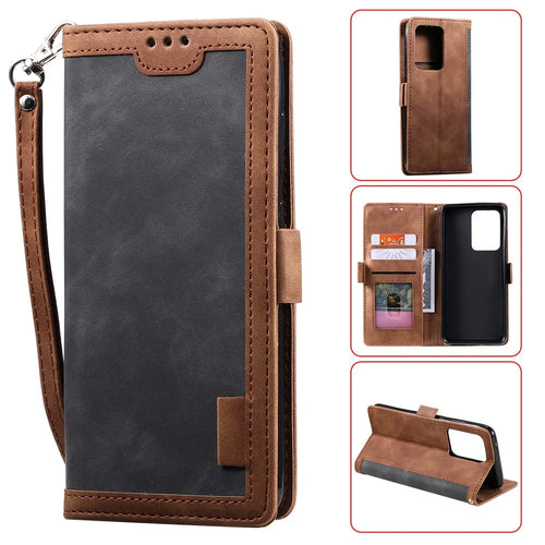 Retro Style Splicing Leather Cover for Samsung Galaxy S21 Ultra 5G Stand Case with Lanyard - Grey - 1