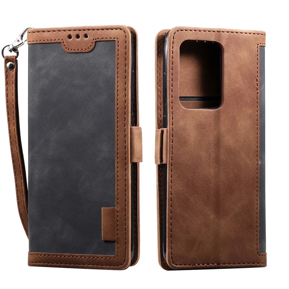 Retro Style Splicing Leather Cover for Samsung Galaxy S21 Ultra 5G Stand Case with Lanyard - Grey - 2