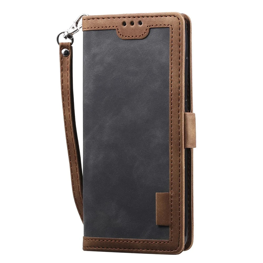 Retro Style Splicing Leather Cover for Samsung Galaxy S21 Ultra 5G Stand Case with Lanyard - Grey - 4