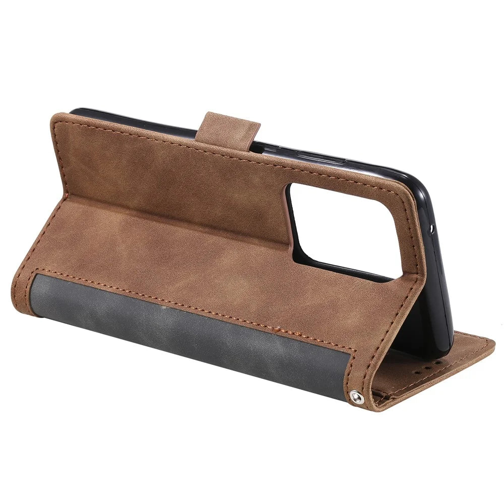 Retro Style Splicing Leather Cover for Samsung Galaxy S21 Ultra 5G Stand Case with Lanyard - Grey - 7