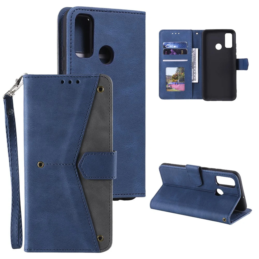 Skin-Feeling Splicing Leather Phone Protective Cover with Rivet Decor for Samsung Galaxy A21s - Blue - 1