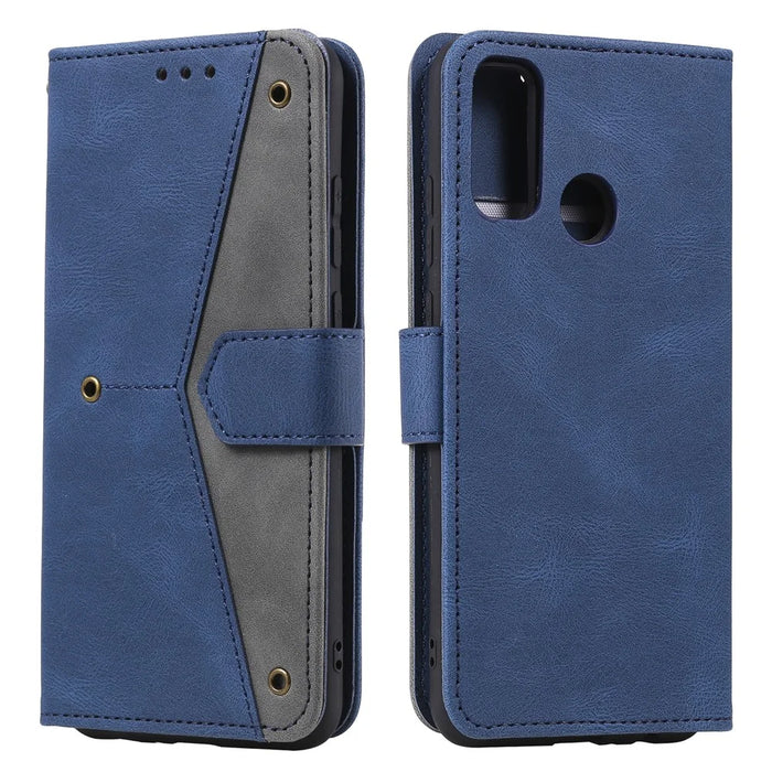 Skin-Feeling Splicing Leather Phone Protective Cover with Rivet Decor for Samsung Galaxy A21s - Blue - 2