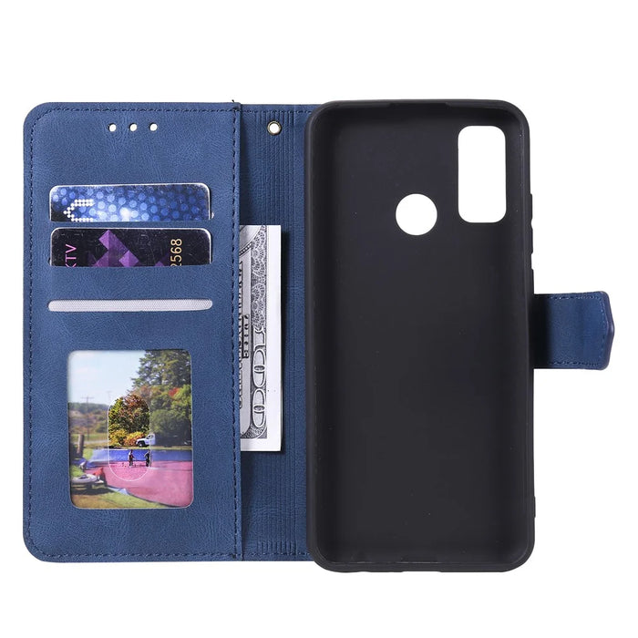 Skin-Feeling Splicing Leather Phone Protective Cover with Rivet Decor for Samsung Galaxy A21s - Blue - 6