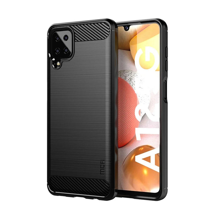 MOFI Brushed Carbon Fiber Texture Soft TPU Back Mobile Phone Case for Samsung Galaxy A12 - Black - 1