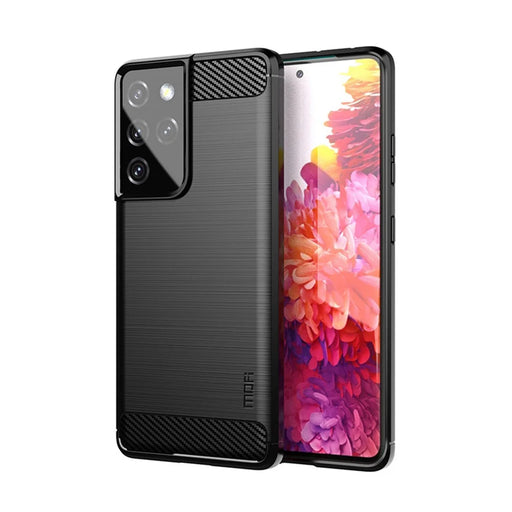 MOFI Carbon Fiber Texture Brushed TPU Back Mobile Phone Case for Samsung Galaxy S21 Ultra 5G - Black - 1