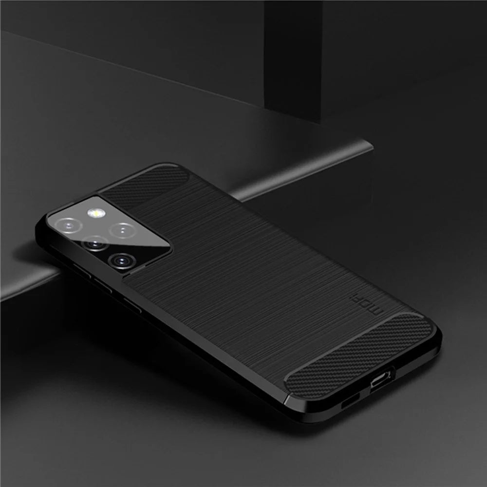 MOFI Carbon Fiber Texture Brushed TPU Back Mobile Phone Case for Samsung Galaxy S21 Ultra 5G - Black - 3