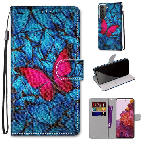 Stand Leather Case New Patterned Cover for Samsung Galaxy S21 4G/5G - Red Flower - 1