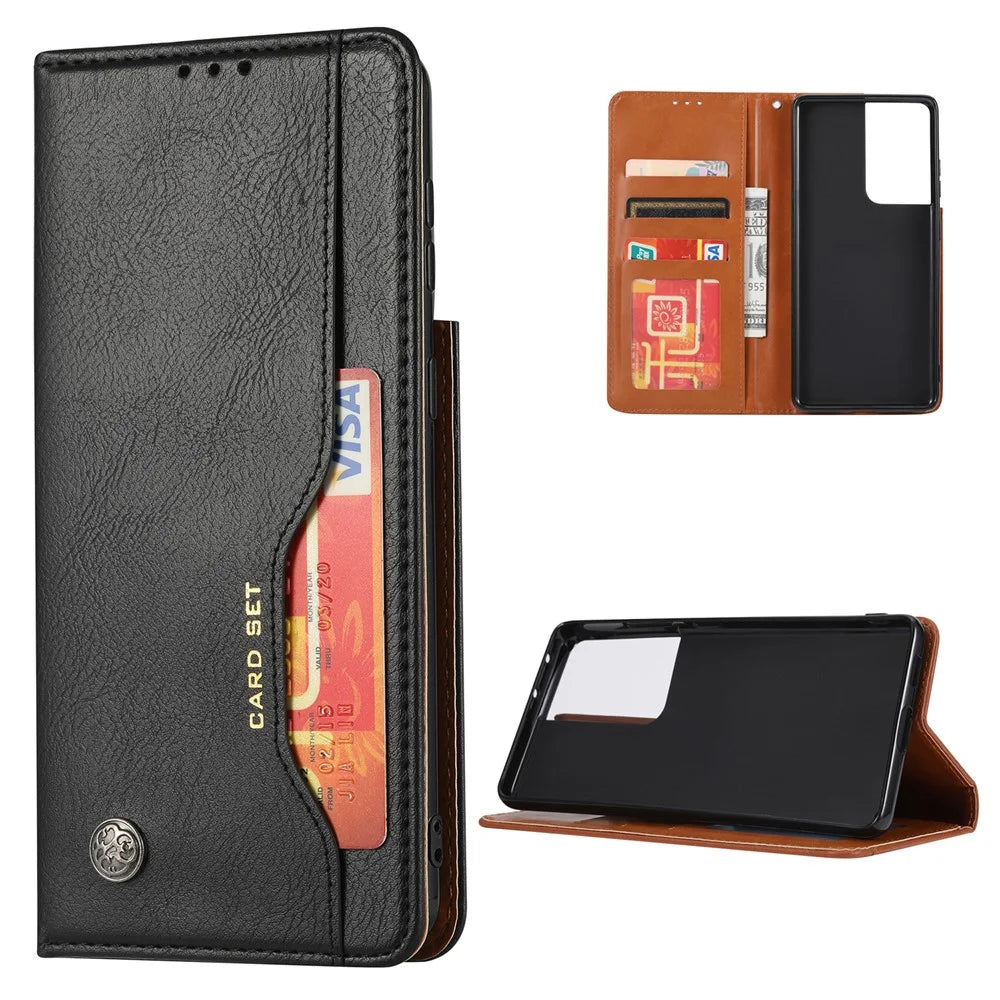 Auto-absorbed Wallet Leather Phone Shell for Samsung Galaxy S21 Ultra 5G - Black - 1
