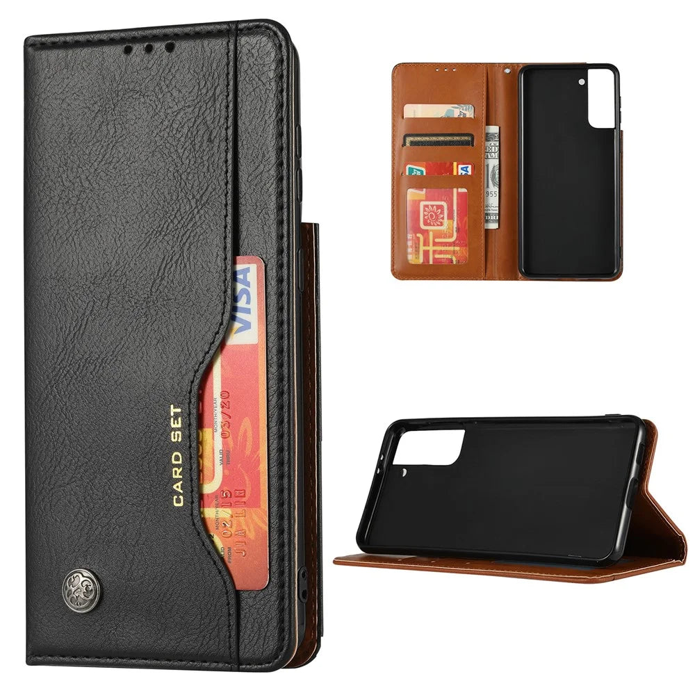 Auto-absorbed Wallet Stand Leather Protective Phone Shell for Samsung Galaxy S21 4G/5G - Black - 1