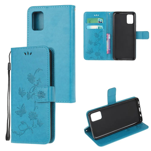 Imprint Butterfly Flowers Leather Wallet Phone Cover for Samsung Galaxy A32 5G / M32 5G - Blue - 1