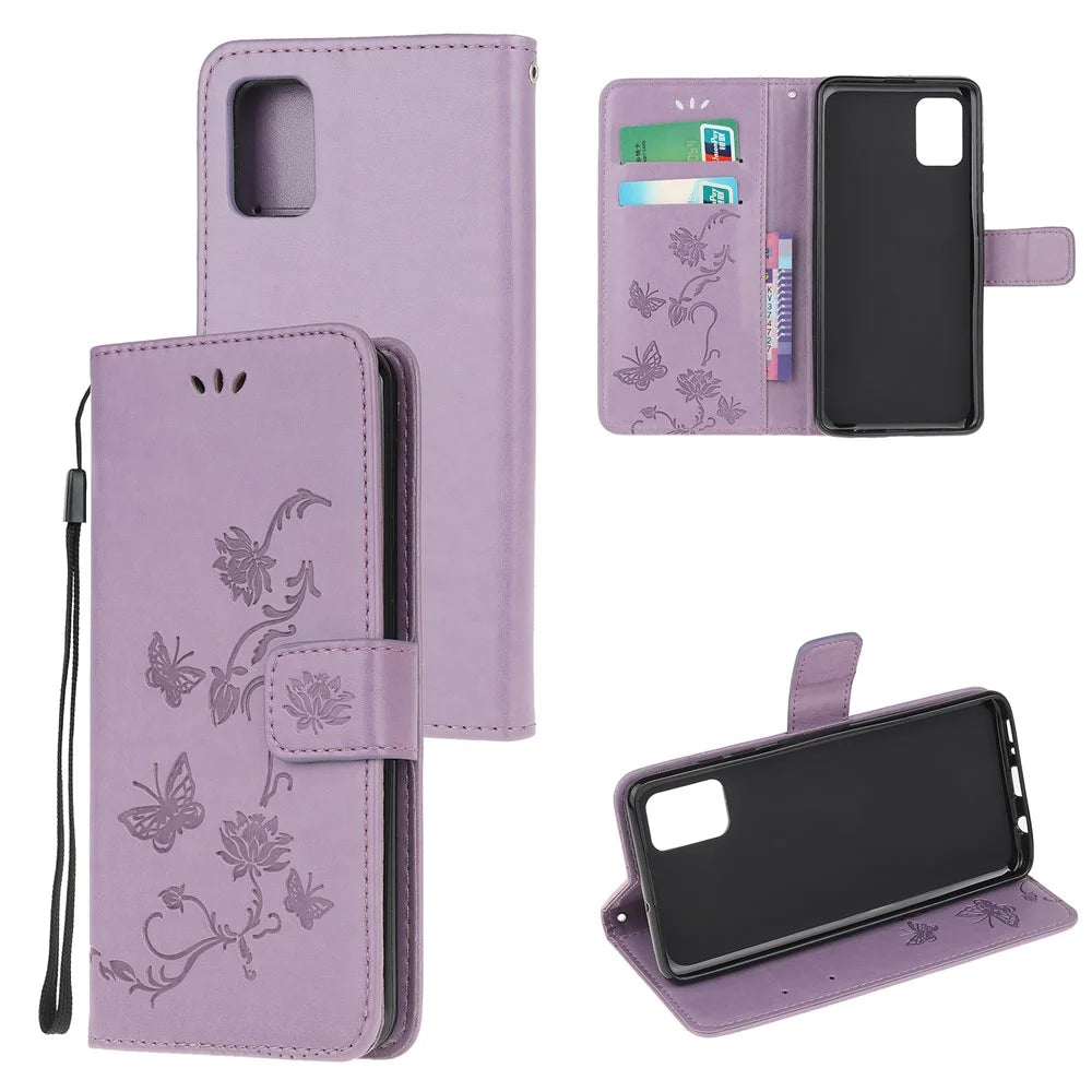 Imprint Butterfly Flowers Leather Wallet Phone Cover for Samsung Galaxy A52 4G/5G / A52s 5G - Purple - 1