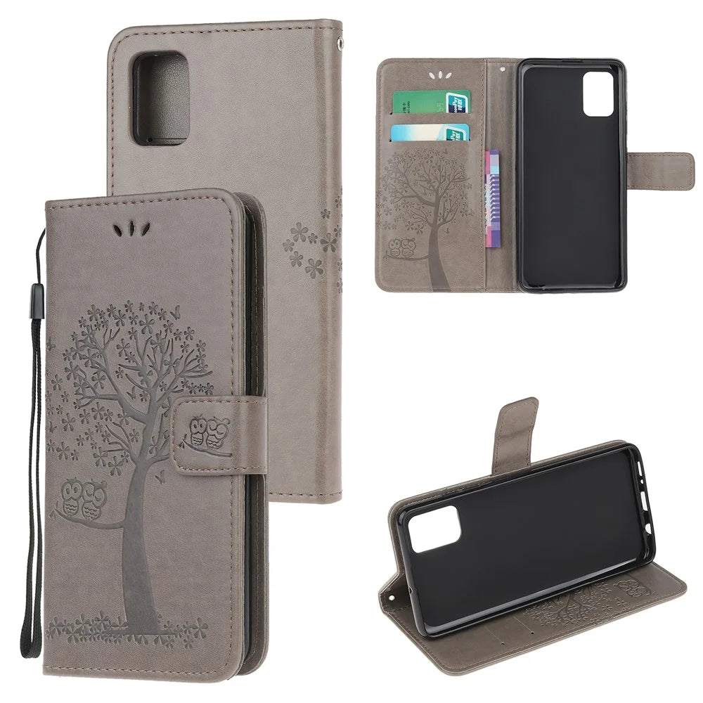 Imprint Tree Owl Pattern Leather Stylish Wallet Case for Samsung Galaxy A32 5G / M32 5G - Grey - 1