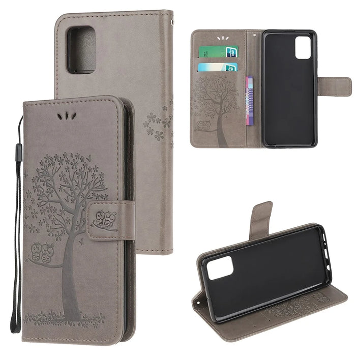 Imprint Tree Owl Pattern Leather Stylish Wallet Case for Samsung Galaxy A32 5G / M32 5G - Grey - 1