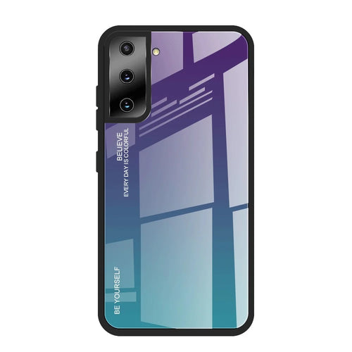 Soft TPU Edge + Anti-Scratch Tempered Glass Case with Color Gradient Pattern for Samsung Galaxy S21 4G/5G - Purple/Blue - 1