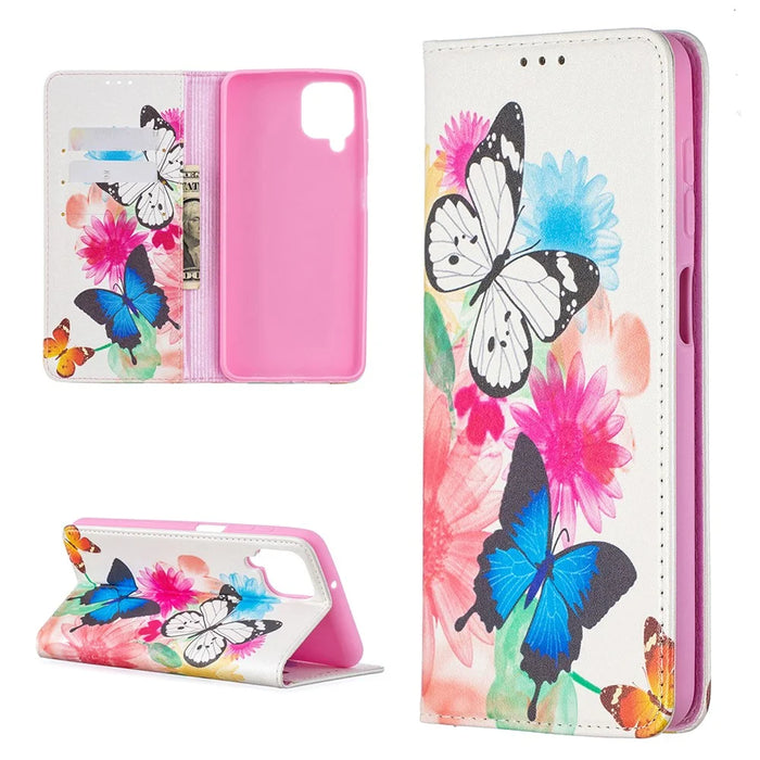 Auto-absorbed Stylish Patterned PU Leather Wallet Case for Samsung Galaxy A12 - Two Butterflies - 1